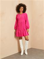 EVERBELLE Pink High Neck Short Corduroy Tiered Dress 6