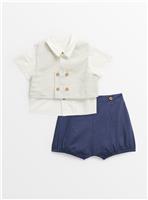 Ecru Waistcoat & Navy Shorts Set 6-9 months