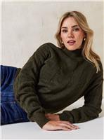 EVERBELLE Khaki High Neck Cable Knitted Jumper S