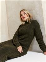 EVERBELLE Khaki High Neck Cable Knitted Midi Dress XS