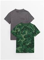 Green Camo Print & Plain Grey T-Shirts 2 Pack 14 years