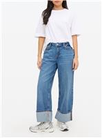 Mid Rinse Denim Baggy Wide Turn Up Jeans 12S
