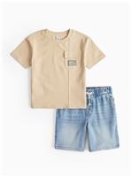 Beige T-Shirt & Loopback Denim Shorts Set 3-4 years