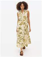 Cream Tropical Print Sleeveless Linen Blend Shirt Dress 18