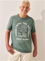 UNION WORKS Green Wave Graphic Crew T-Shirt L