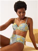 Yellow Leaf Print Moulded Balcony Bikini Top 34B