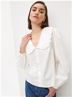 White Scallop Collared Poplin Blouse 16