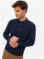 Navy Long Sleeve Ribbed Polo Shirt XXL