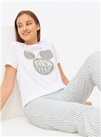 Sage Green Striped Mickey Mouse Slogan Pyjamas S