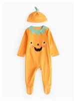 Unisex Halloween Pumpkin Velour Sleepsuit & Hat Set 12-18 months