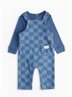 Navy Chequer Print Dungarees Set 3-6 months