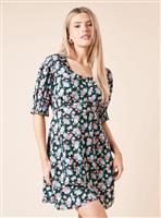 DOROTHY PERKINS Black Floral Frill Neckline Tie Back Mini Dress 16