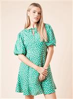 DOROTHY PERKINS Green Spot Tie Front Puff Sleeve Mini Dress 16
