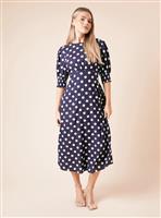 DOROTHY PERKINS Navy Spot Shirred Cuff Midi Dress 14