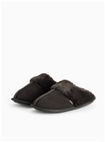 Suede Charcoal Faux Fur Mule Slippers L