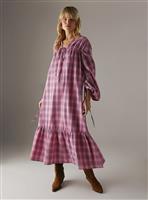 WAREHOUSE Gathered Channel Detail Check Midi Smock Dress 12