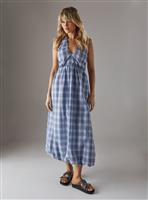 WAREHOUSE Check Halter Open Back Puff Ball Midi Sundress 10