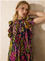 EVERBELLE Navy Floral Frill Pintuck Smock Dress 16