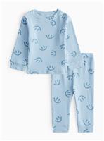 Blue Smiley Face Print Ribbed Set 3-6 months
