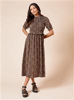 DOROTHY PERKINS Puff Sleeve leopard Shirred Bodice Peplum Midi Dress 18