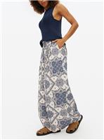 Ivory & Blue Wide Leg Scarf Print Palazzo Trousers 8