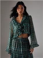 WAREHOUSE Metallic Chiffon Ruffle Tie Front Flared Sleeve Blouse 6
