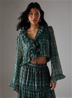 WAREHOUSE Metallic Chiffon Ruffle Tie Front Flared Sleeve Blouse 14