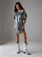 WAREHOUSE Snake Sequin Fallen Shoulder Slouchy Mini Dress 8