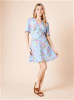 DOROTHY PERKINS Blue Floral Button Up Frill Detail Mini Dress 10