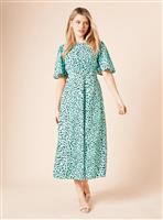 DOROTHY PERKINS Green Animal Flutter Sleeve Shirred Waist Midi Dress 12