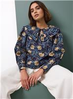 Tu x Morris & Co. Navy Pimpernel Print Poplin Cape Blouse 14