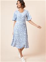 DOROTHY PERKINS Blue Floral Angel Sleeve Ruched Front Midi Dress 18