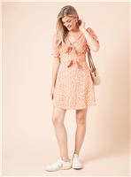 DOROTHY PERKINS Coral Ditsy Bow Front Puff Sleeve Mini Dress 14