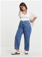 SIMPLY BE Mid Wash Floral Embroidered Barrel Jeans 18
