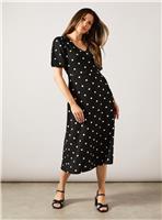 WALLIS Black Spot Print Jersey V Neck Midi Tea Dress 8