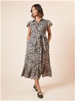 DOROTHY PERKINS Leopard Frill Sleeve Belted Midi Shirt Dress 10