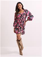 DOROTHY PERKINS Black Floral Square Neck Blouson Sleeve Tie Back Mini Dress 16
