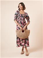 DOROTHY PERKINS Black Floral Shirred Bodice Puff Sleeve Square Neck Midi Dress 10