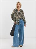 JD WILLIAMS Georgette Collarless Blouson Sleeve Blouse Natural Print 30