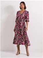 DOROTHY PERKINS Burgundy Animal Shirred Detail Blouson Sleeve Midi Dress 18