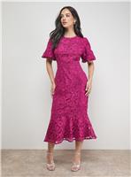 OASIS Lace Trim Detail Puff Sleeve Peplum Midi Dress 12