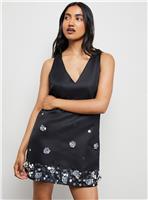 WAREHOUSE Embellished Heavy Satin Plunge Neck Mini Dress 8