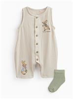Beige Peter Rabbit Print Romper & Socks Set 6-9 months