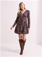 DOROTHY PERKINS Animal Shirred Shoulder Empire Long Sleeve Mini Dress 18