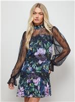 OASIS Printed Lace Tiered High Neck Balloon Sleeve Mini Dress 10