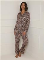 OASIS Long Sleeve Satin Leopard Print Nightwear Set L