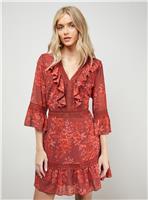 OASIS Printed Lace Detail V Neck Ruffle Mini Dress 16