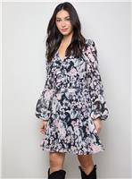 OASIS Printed Pleated Skirt Long Sleeve Mini Dress Mono 16