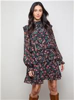 OASIS Printed Chiffon Lace Detail Tiered Long Sleeve Mini Dress 14
