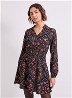 DOROTHY PERKINS Geo Shirred Waist Collar Detail Jersey Mini Dress 12